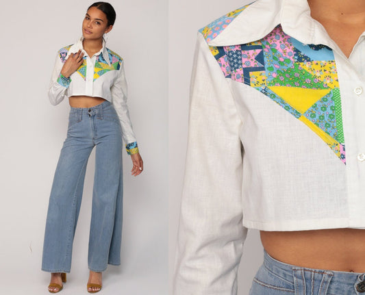 70s Western Shirt Patchwork Floral Yoke Crop Top White Long Sleeve Small