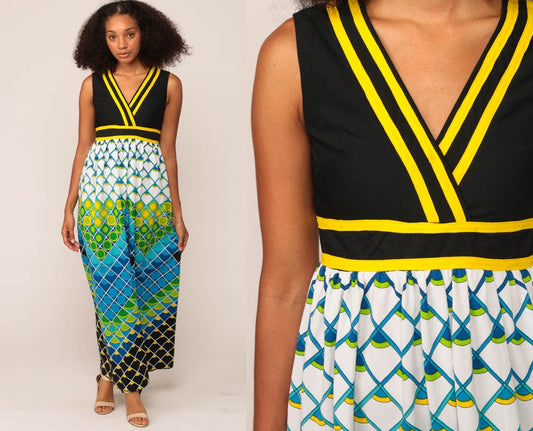 70s Psychedelic Print Maxi Dress Sleeveless Empire Waist V Neck Blue Small