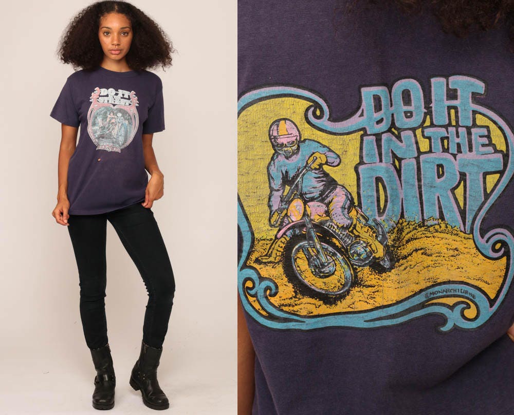 1976 Naked Biker Chick Motorcycle Graphic T-Shirt Faded Blue Large