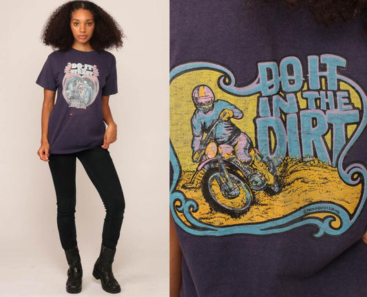 1976 Naked Biker Chick Motorcycle Graphic T-Shirt Faded Blue Large