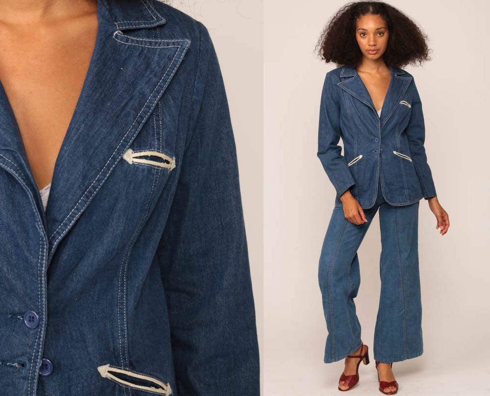 70s Denim Blazer Jacket Blue Faux Leather Trim Small