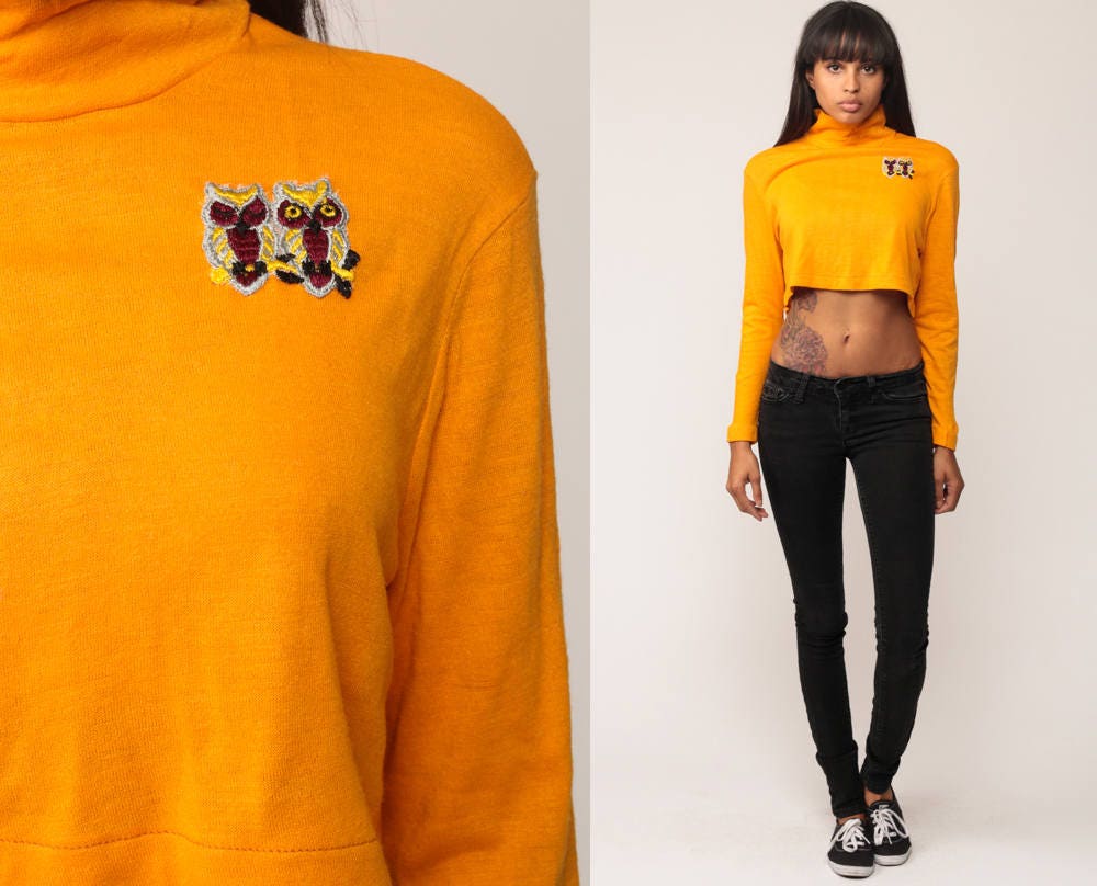 70s Owl Crop Top Yellow Turtleneck Long Sleeve Shirt Medium