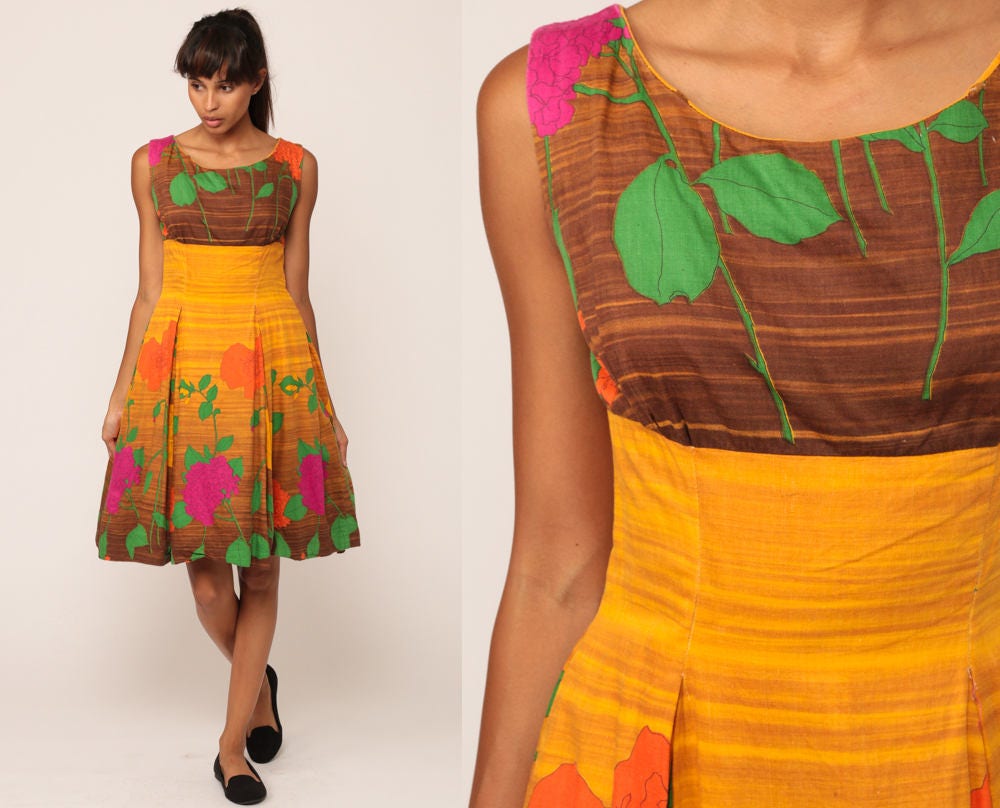 60s Floral Mini Dress Golden Yellow Brown Empire Waist Pleated Cotton Small