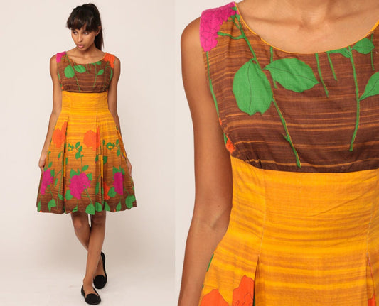 60s Floral Mini Dress Golden Yellow Brown Empire Waist Pleated Cotton Small