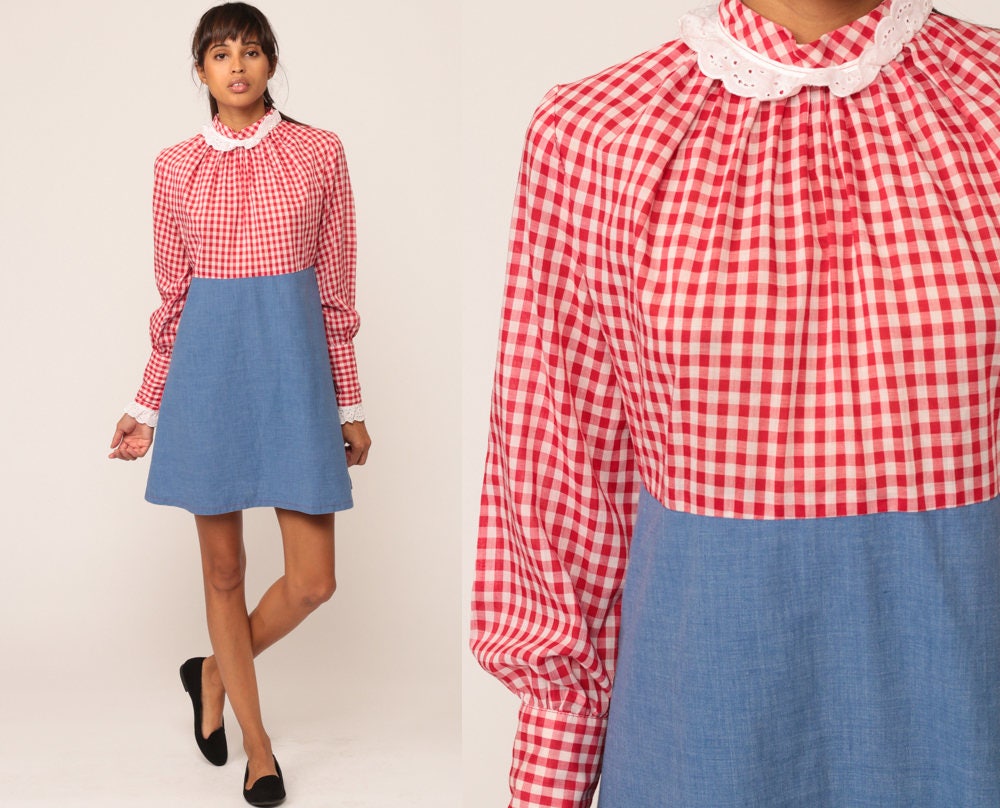 70s Mini Dress Red Gingham Eyelet Lace Collar Empire Waist Medium