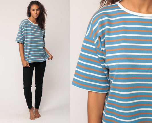 80s Striped T-Shirt Blue White Brown Ringer Tee Short Sleeve Large