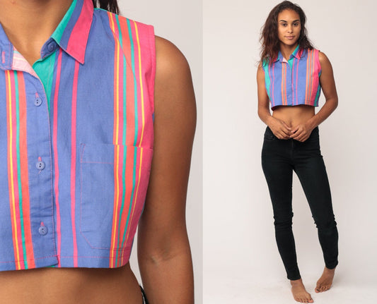 90s Striped Sleeveless Button-Up Blouse Crop Top Pink Purple Small Medium