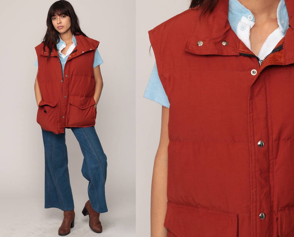 70s Puffer Vest Rust Brown Zip Sleeveless Jacket Unisex Large