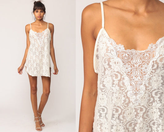 90s White Lace Slip Dress Sheer Spaghetti Strap Chemise Mini Medium Large