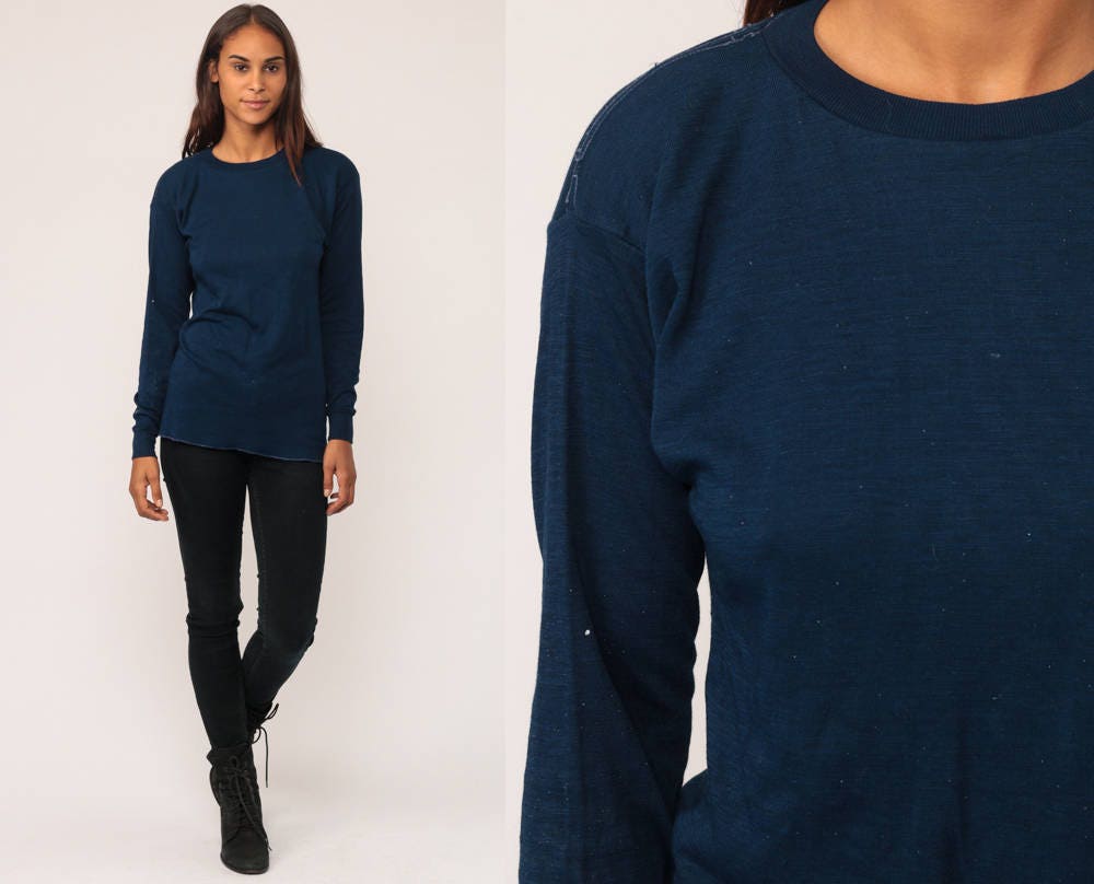 80s Navy Long Sleeve T-Shirt Distressed Grunge Tee Large