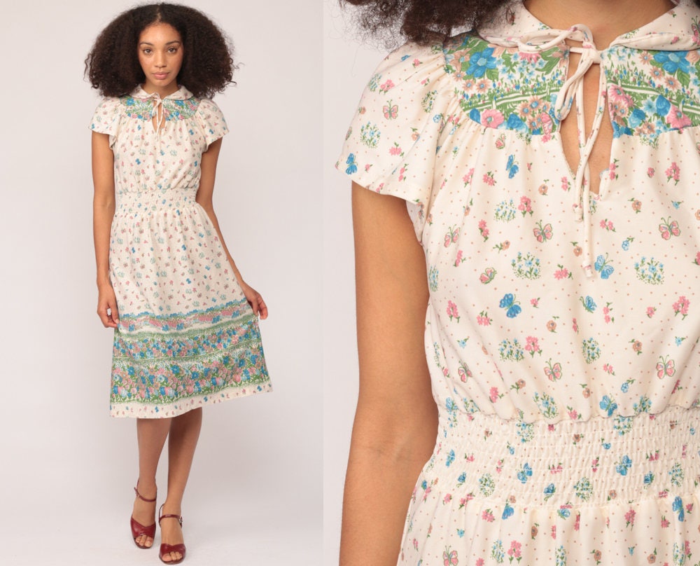 70s Floral Midi Dress Keyhole Neck High Waisted Cap Sleeve Small