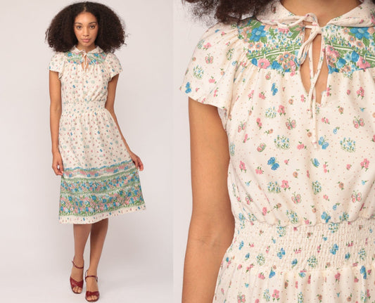 70s Floral Midi Dress Keyhole Neck High Waisted Cap Sleeve Small