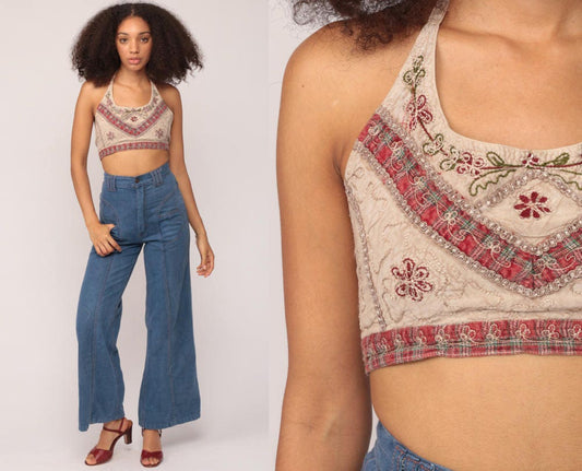 90s Halter Crop Tank Top Floral Embroidered Plaid Trim Taupe Small Medium