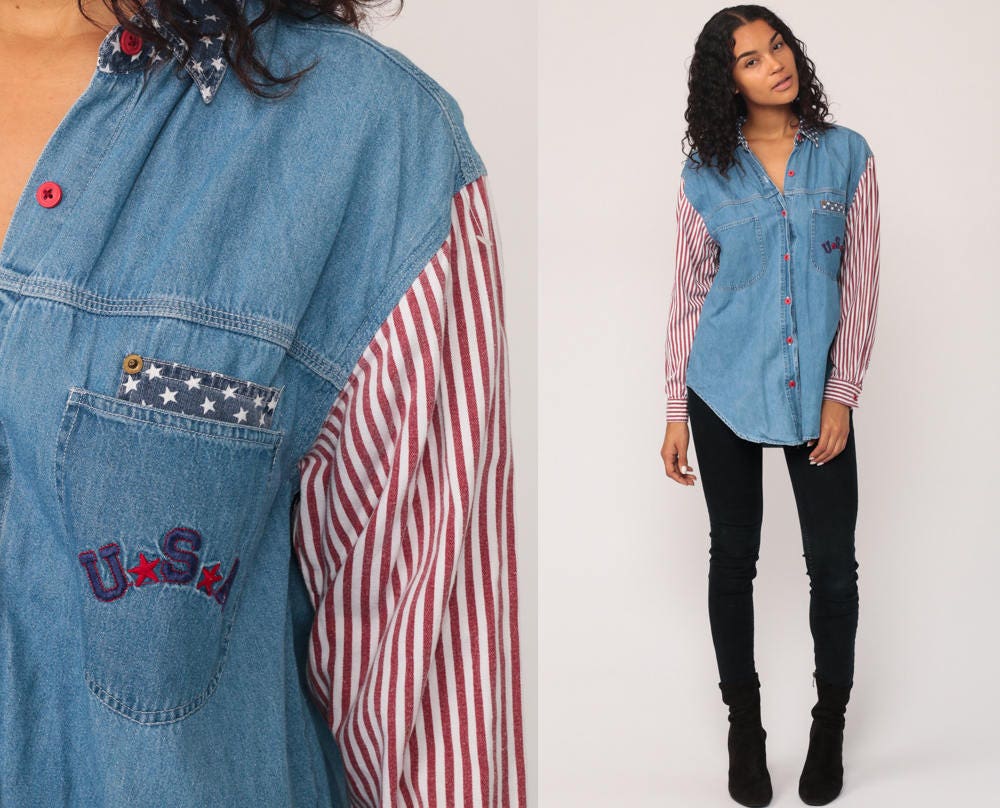 90s American Flag Denim Shirt Blue Jean Button-Up Long Sleeve Medium