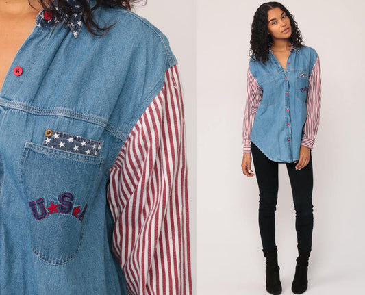 90s American Flag Denim Shirt Blue Jean Button-Up Long Sleeve Medium