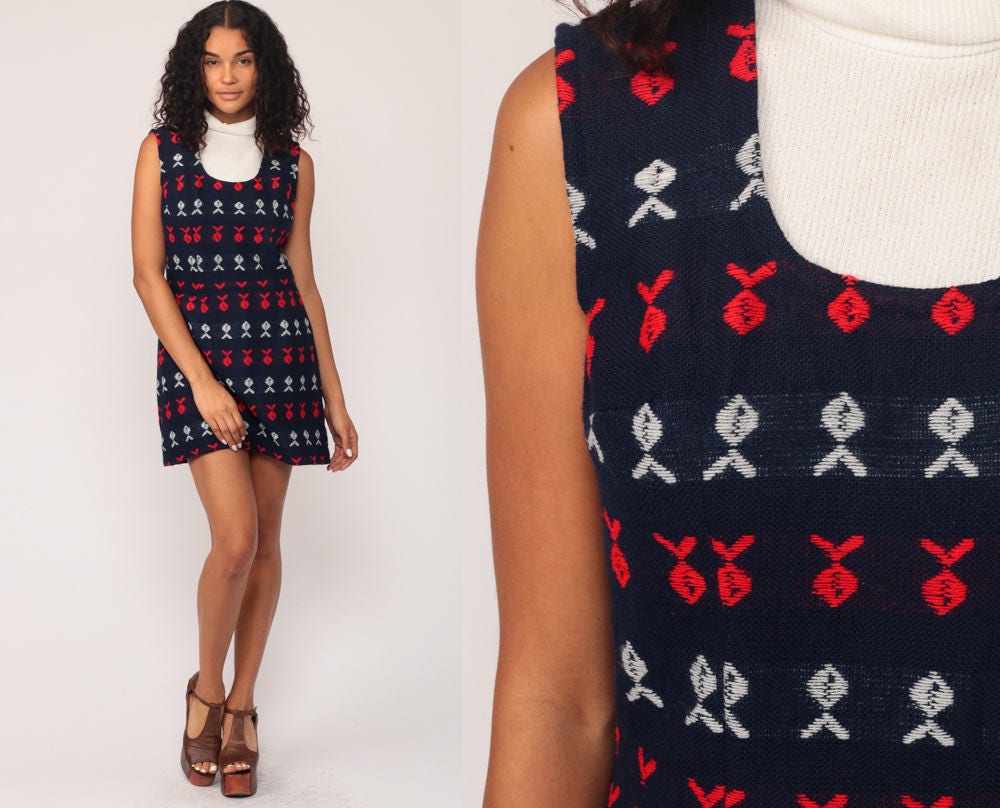 70s Mod Mini Dress Fish Print Bib Turtleneck Navy Red White Small