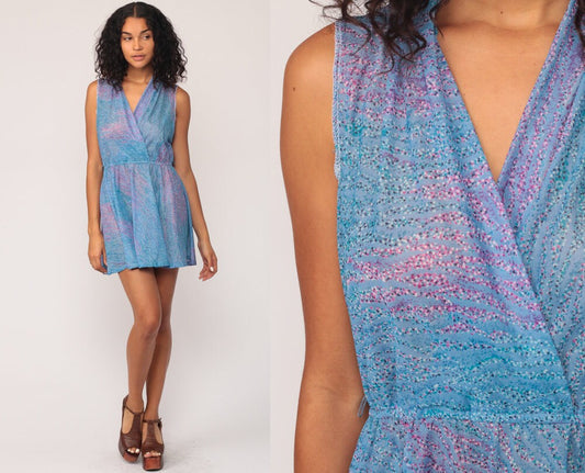 1970s Blue Wavy Stripe Wrap Mini Dress Deep V Neck High Waist Medium Large