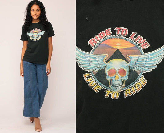 80s Biker Graphic T-Shirt Skull Live to Ride Motorcycle Tee Black Medium
