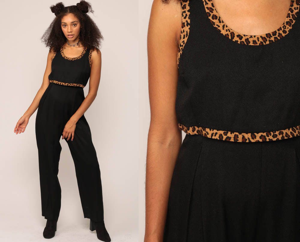 80s Black Leopard Print Jumpsuit High Waisted Tank Romper Small Medium