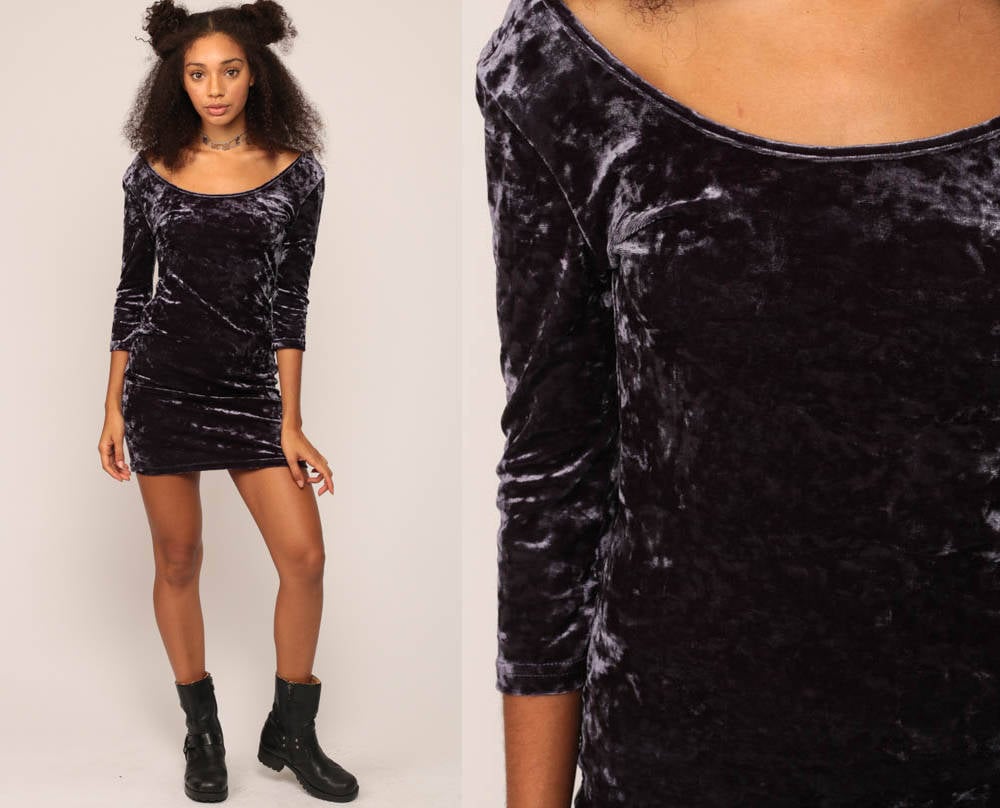 90s Purple Crushed Velvet Mini Dress Bodycon Long Sleeve Small Medium