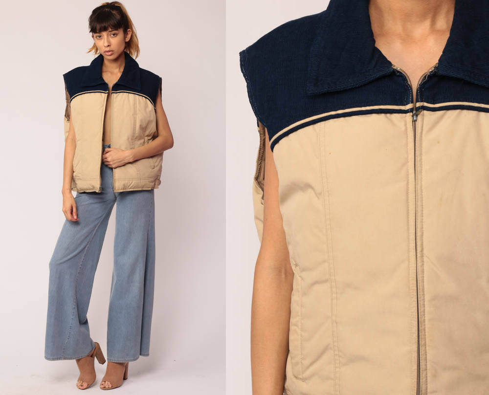 80s Puffer Vest Corduroy Colour Block Down Fill Sleeveless Tan Blue Extra Large