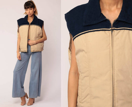 80s Puffer Vest Corduroy Colour Block Down Fill Sleeveless Tan Blue Extra Large