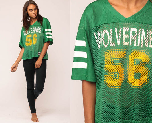 90s Michigan Wolverines Football Jersey #56 Mesh Nylon Green Medium