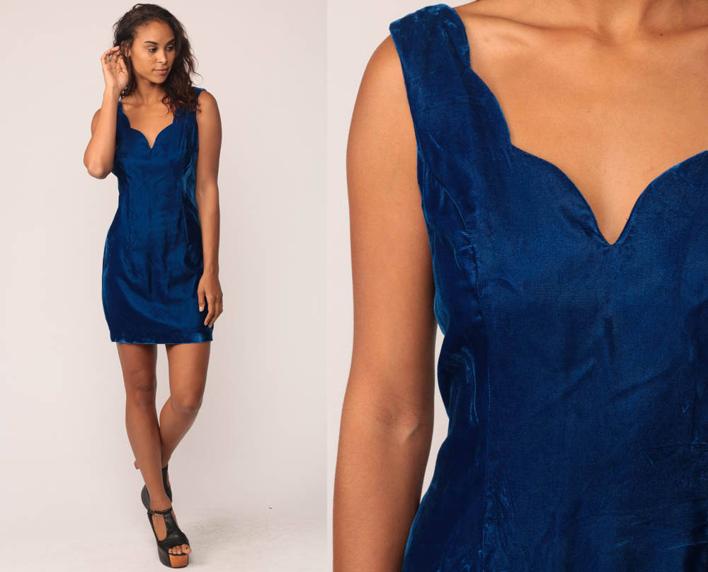 80s Blue Velvet Mini Dress Sleeveless Bodycon Scalloped Back Zip Medium