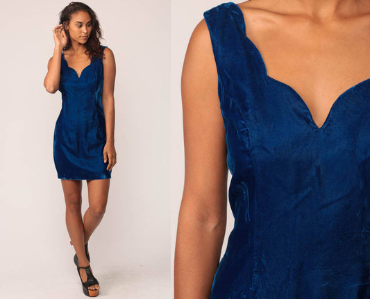 80s Blue Velvet Mini Dress Sleeveless Bodycon Scalloped Back Zip Medium