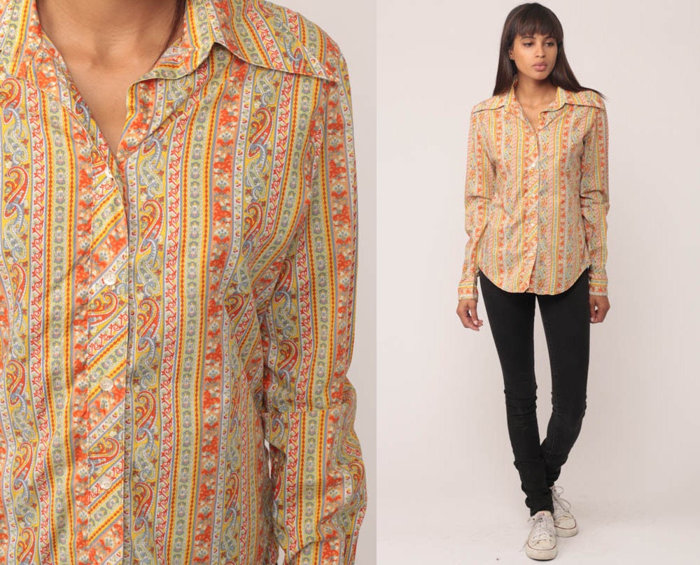 70s Saks Fifth Avenue Paisley Stripe Button-Up Blouse Long Sleeve Medium