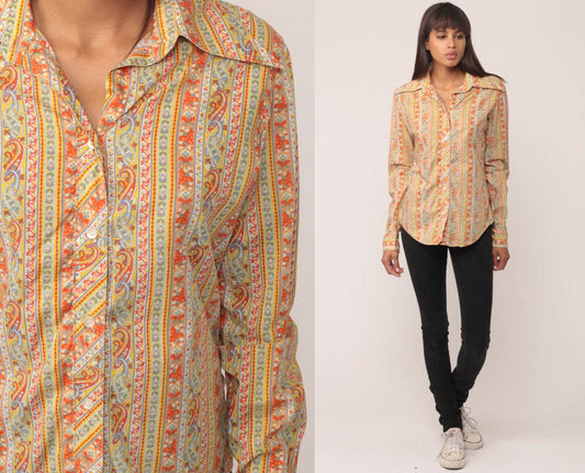 70s Saks Fifth Avenue Paisley Stripe Button-Up Blouse Long Sleeve Medium