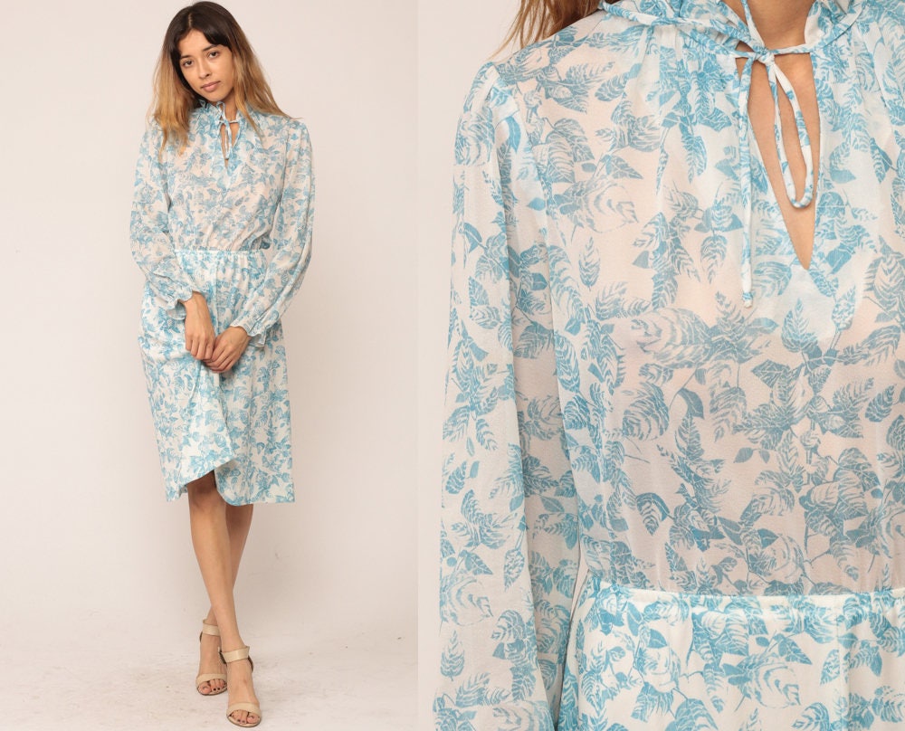 70s Blue Floral Midi Dress Keyhole Neck Long Sleeve High Waist Medium Large
