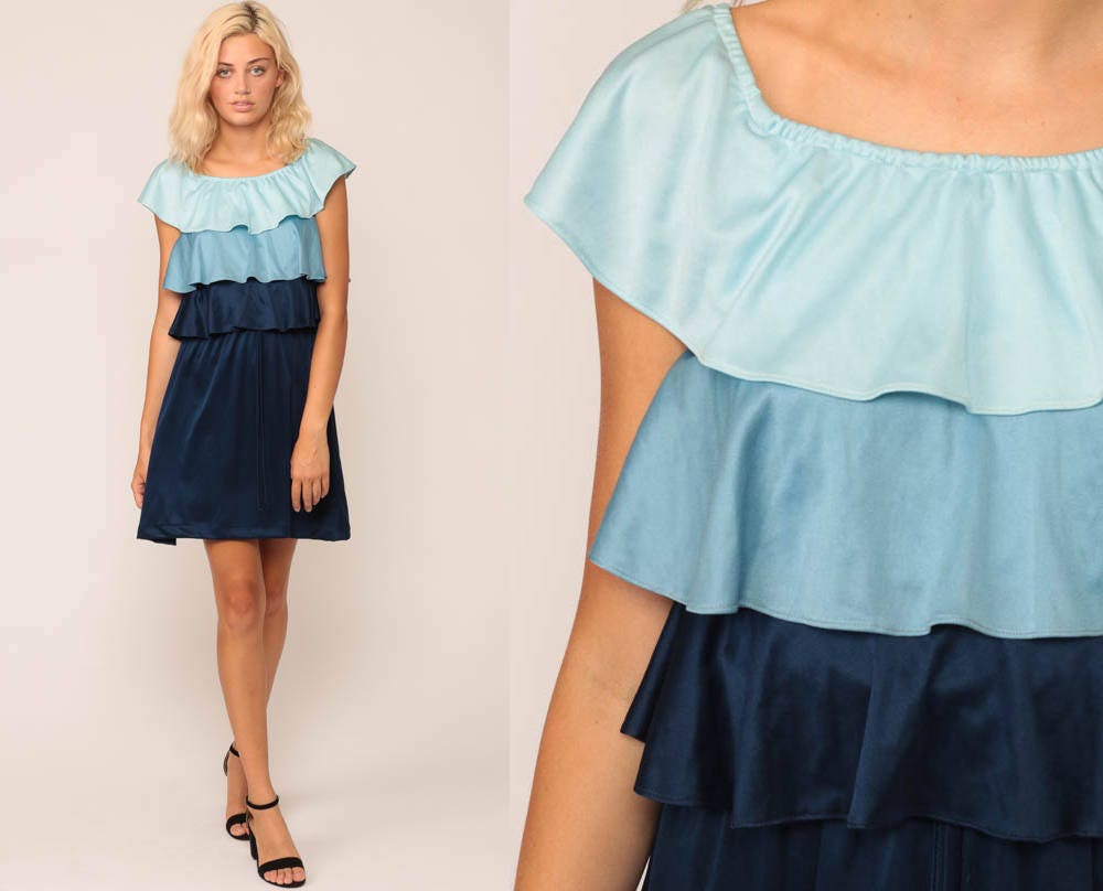 70s Blue Striped Mini Dress Tiered Flutter Sleeve Medium Large