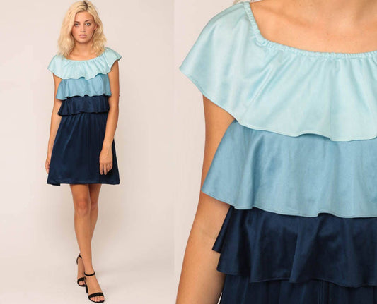 70s Blue Striped Mini Dress Tiered Flutter Sleeve Medium Large
