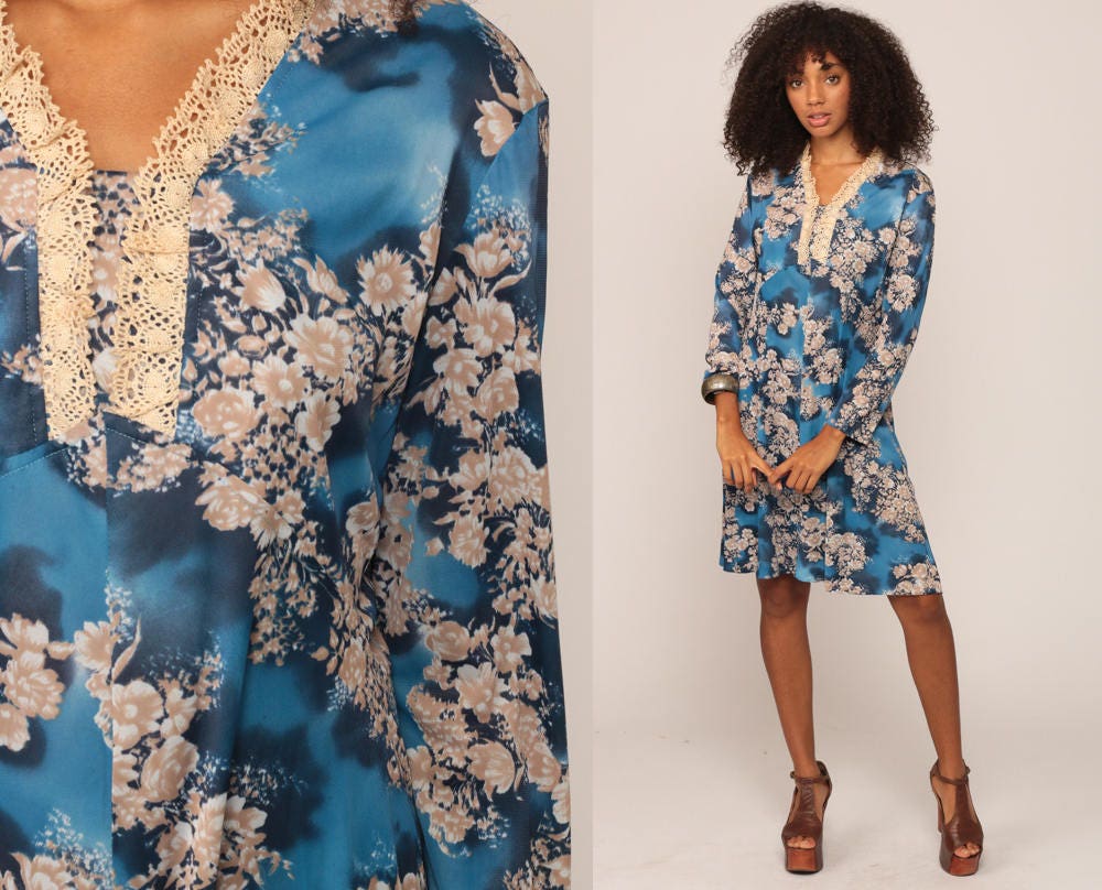 70s Floral Mini Dress Empire Waist Long Sleeve Blue Lace Trim Extra Large