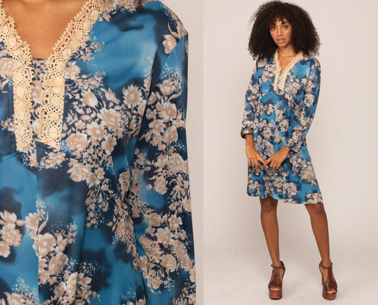 70s Floral Mini Dress Empire Waist Long Sleeve Blue Lace Trim Extra Large