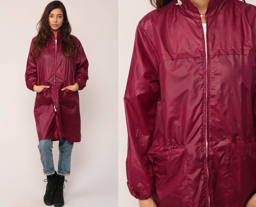 80s Burgundy Hooded Windbreaker Jacket Nylon Zip Hood Large