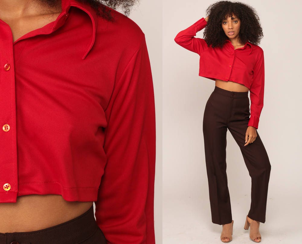 70s Red Crop Top Button-Up Collared Shirt Long Sleeve Small Medium