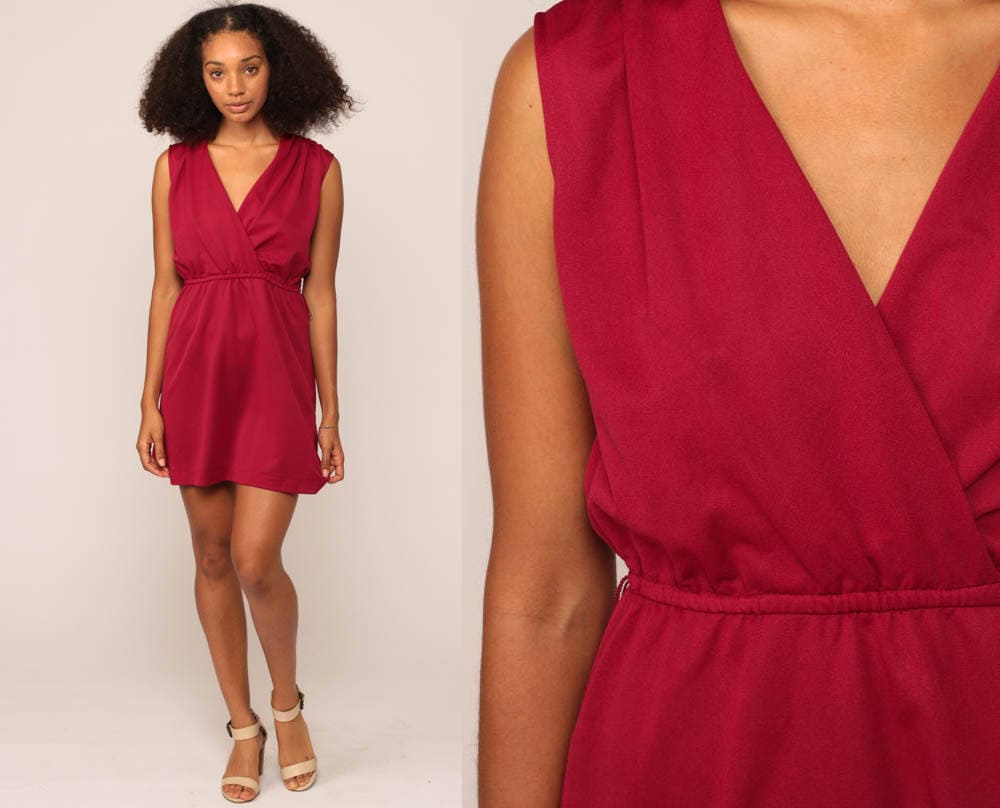 70s Burgundy Wrap Dress Grecian V-Neck Mini Sleeveless High Waist Medium Large