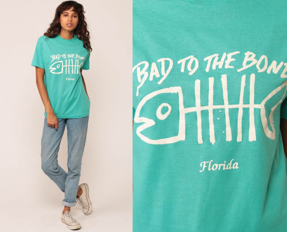90s Florida Bad to the Bone Fish Graphic T-Shirt Turquoise Medium