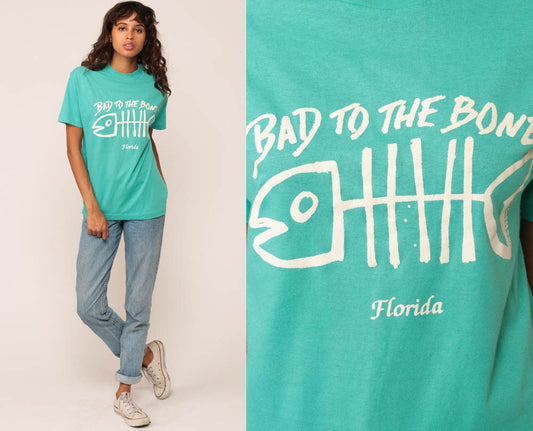 90s Florida Bad to the Bone Fish Graphic T-Shirt Turquoise Medium