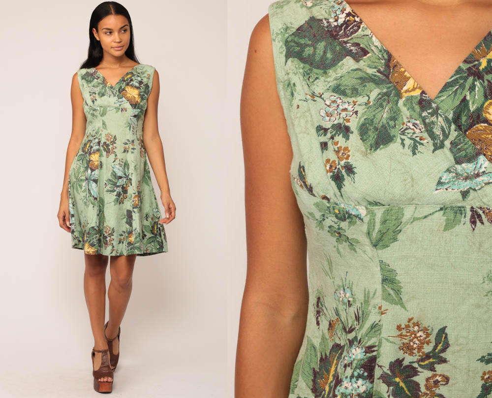 1950s Green Floral Leaf Print Sleeveless V-Neck Mini Dress Empire Waist Large