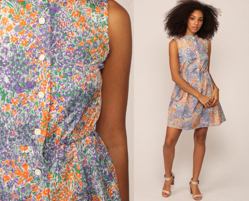 70s Floral Mini Dress Purple Orange Button Up Sleeveless High Waist Small
