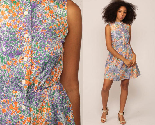 70s Floral Mini Dress Purple Orange Button Up Sleeveless High Waist Small