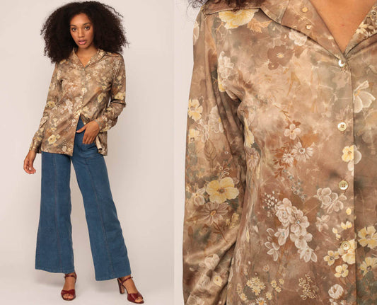 70s Floral Button-Up Blouse Brown Yellow Long Sleeve Shirt Large