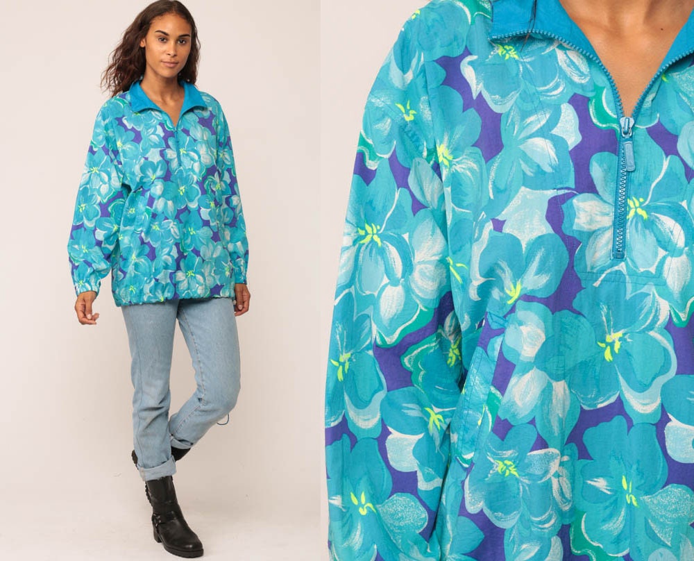 90s Floral Nylon Windbreaker Jacket Blue Half Zip Pullover Small