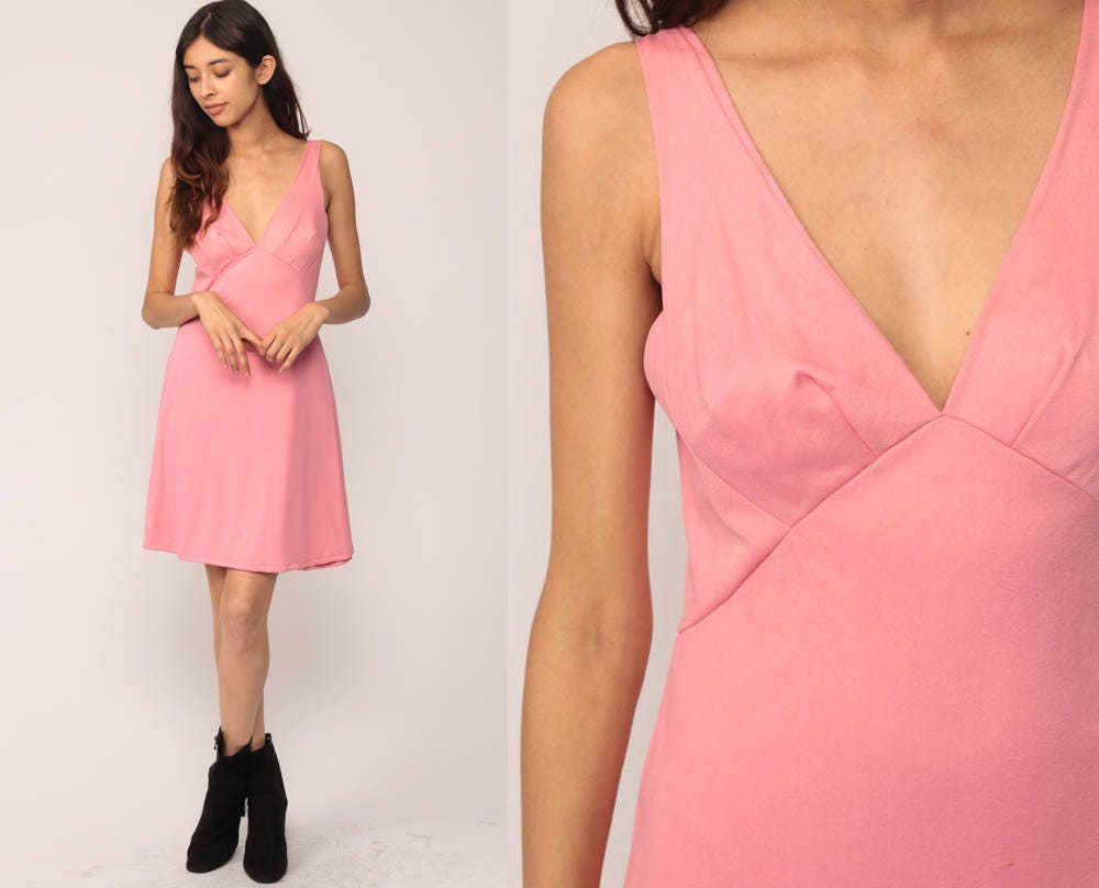 70s Pink Slip Dress Empire Waist Plunging V-Neck Mini Lingerie Small Medium