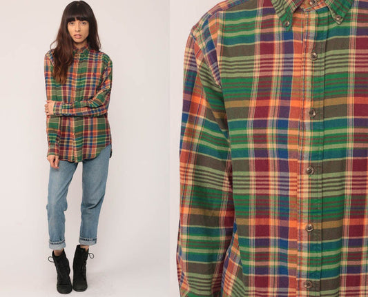 90s Ralph Lauren Green Plaid Oxford Shirt Long Sleeve Button Up Small