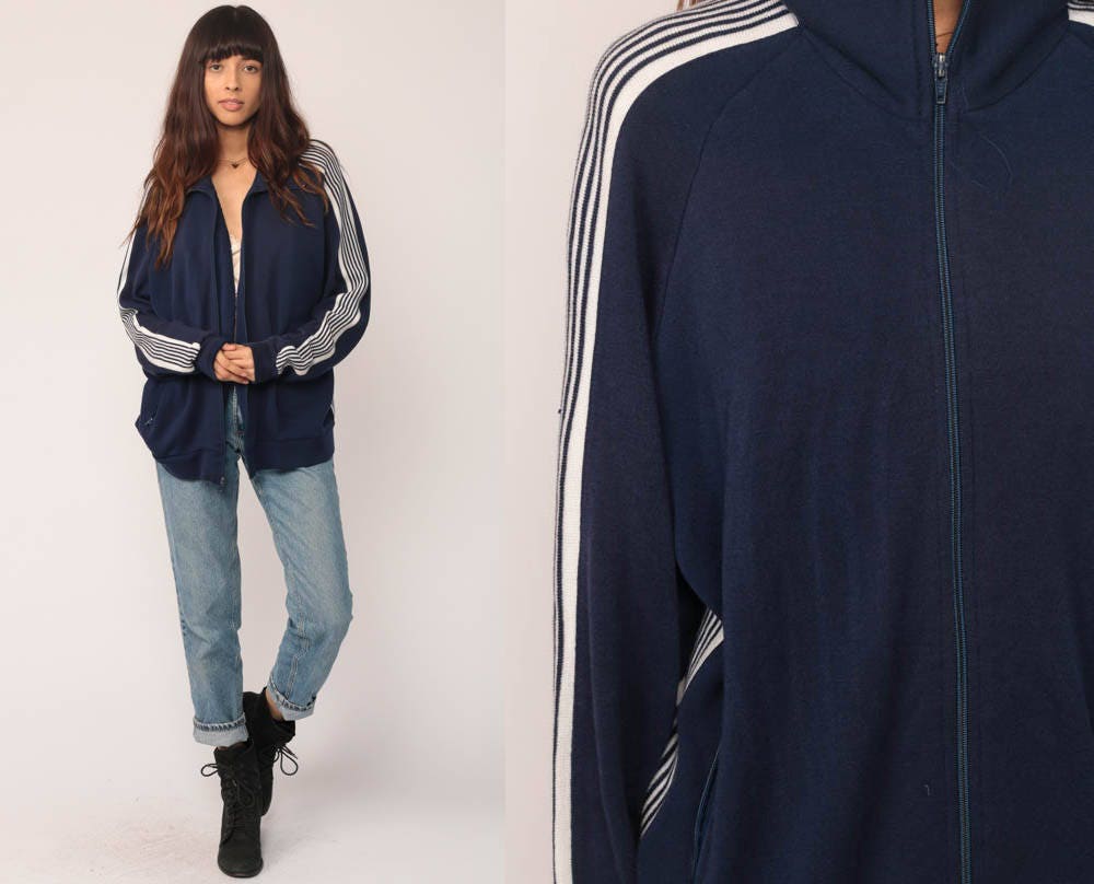 80s Dark Blue Striped Track Jacket Raglan Sleeve Zip Up Large