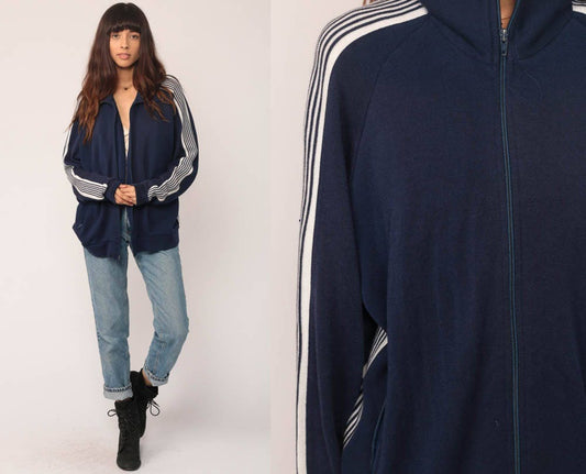 80s Dark Blue Striped Track Jacket Raglan Sleeve Zip Up Large